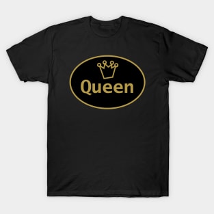 Gold Queen and Crown on Black Oval T-Shirt